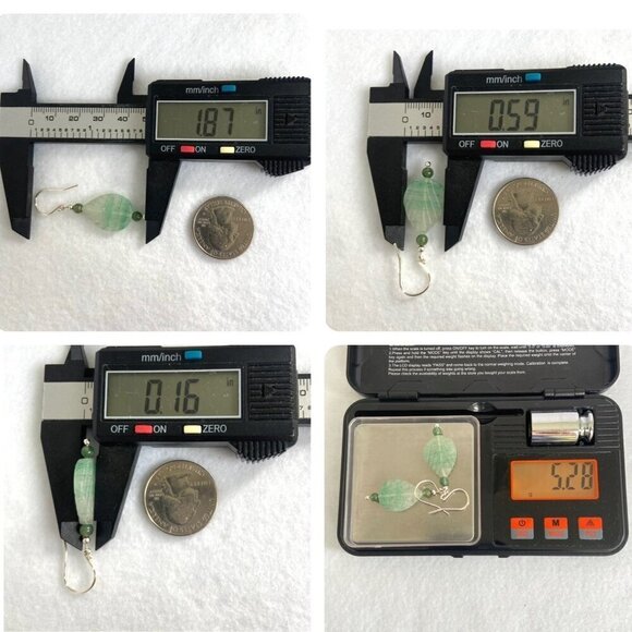 Sterling Silver 925 Beaded Carved Jadeite & Tourmaline Leaf Dangle Earrings - Picture 10 of 16